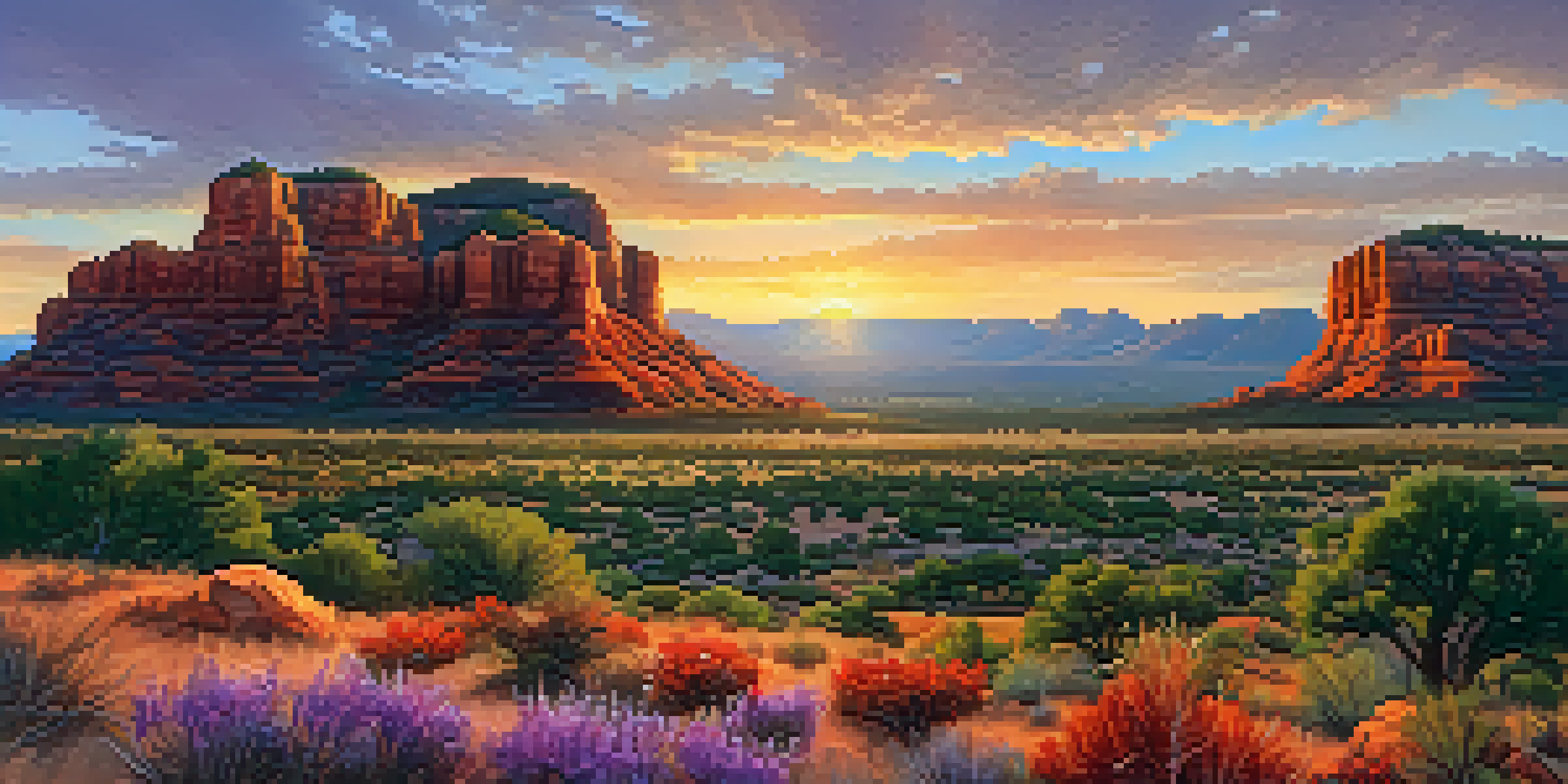 A panoramic view of Sedona's red rock formations at sunset, with warm colors and wildflowers in the foreground.