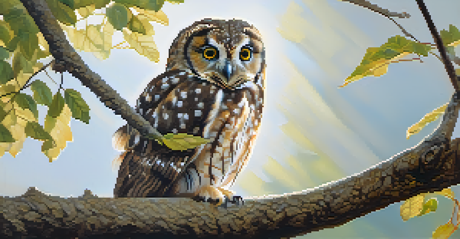 A close-up of a young owl sitting on a branch with sunlight shining through leaves, showcasing its bright eyes and natural habitat.