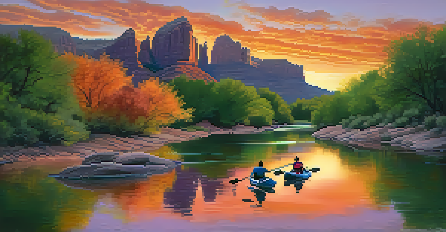 A colorful sunset over Oak Creek with kayakers and red rock formations in the background.