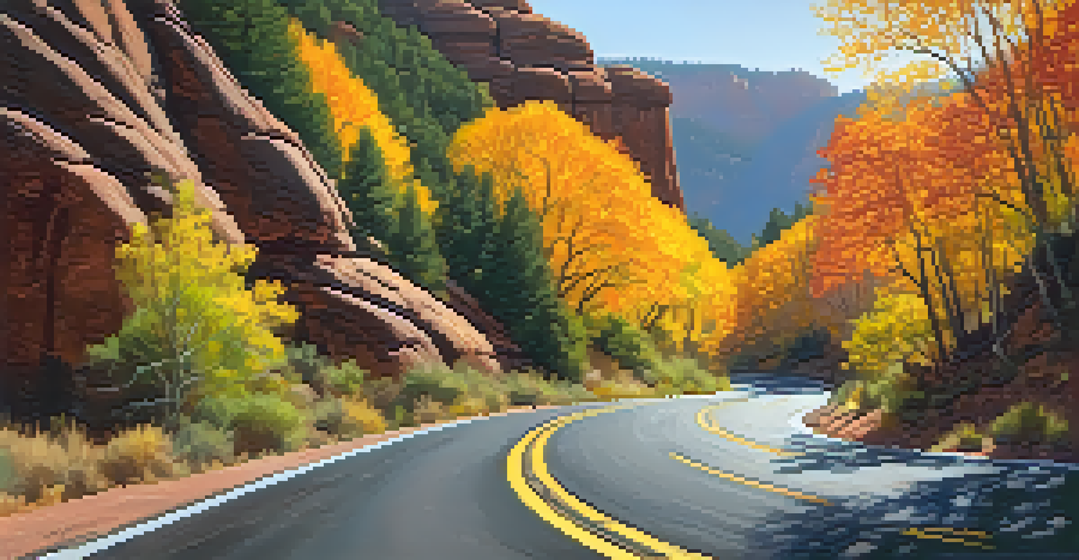A picturesque autumn drive along Oak Creek Canyon, featuring colorful fall leaves and glimpses of red rock formations.