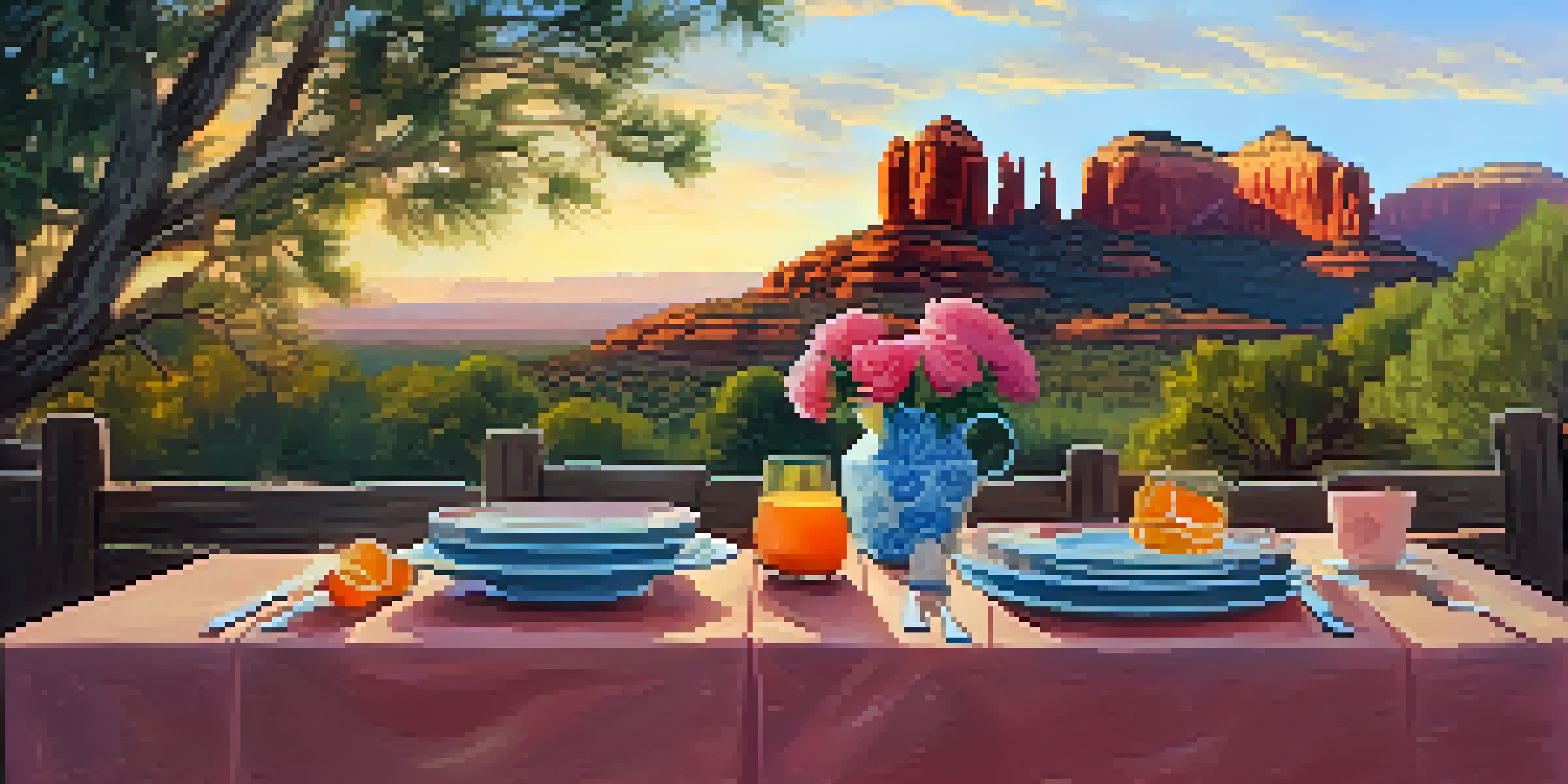 A beautiful outdoor dining scene at sunrise in Sedona, with a wooden table set with colorful dishes and flowers, and red rocks glowing in the background.