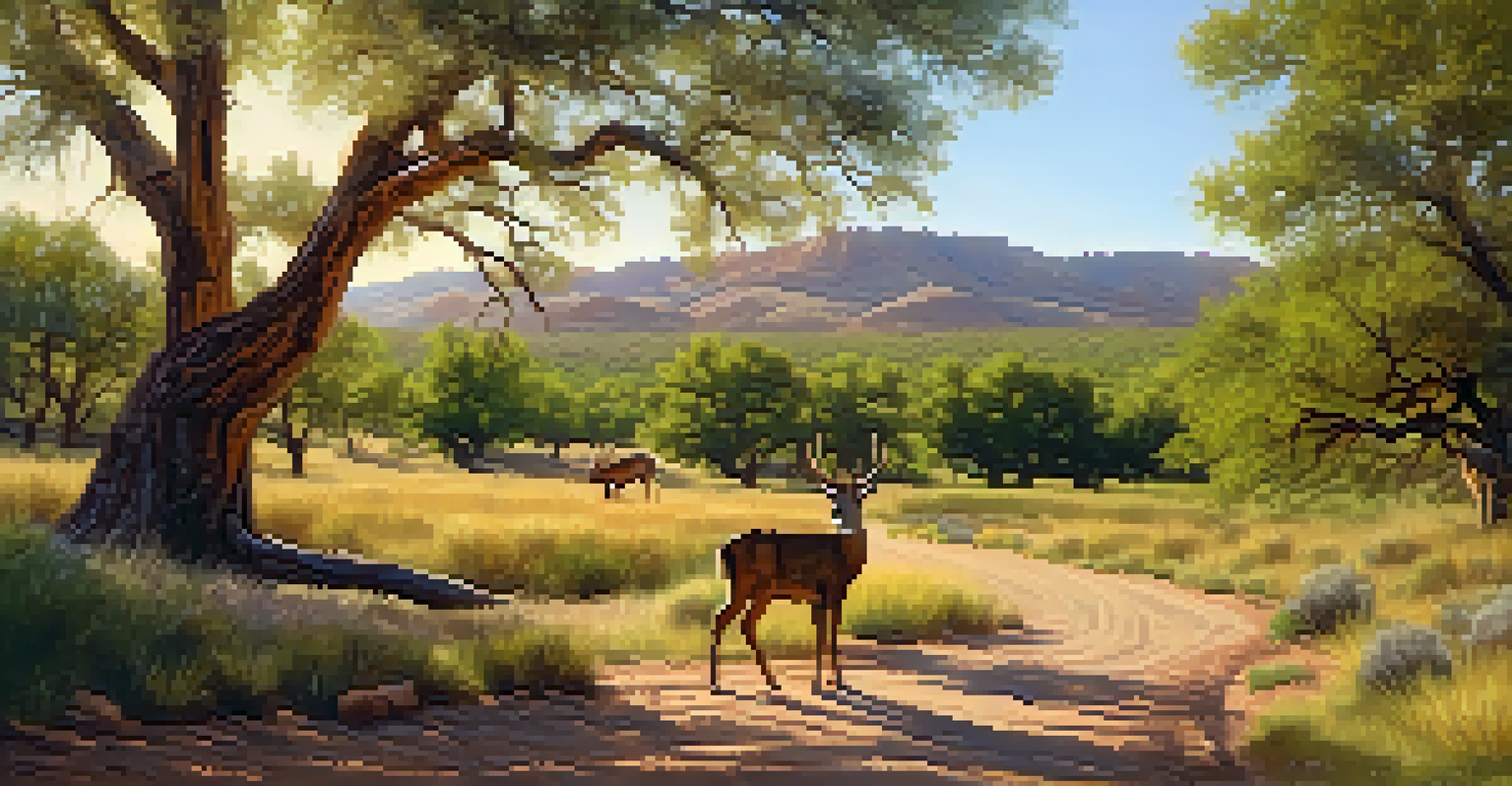 A peaceful trail on Verde Valley School Road with oak trees, meadows, and a beginner mountain biker.