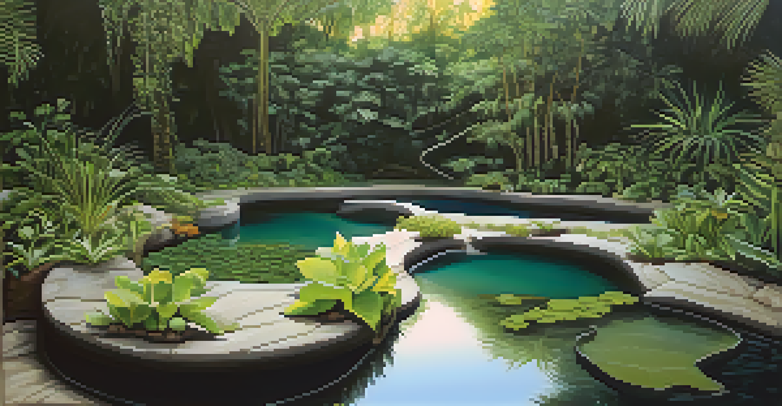 A serene installation of seven water pools surrounded by plants, symbolizing nature and art.