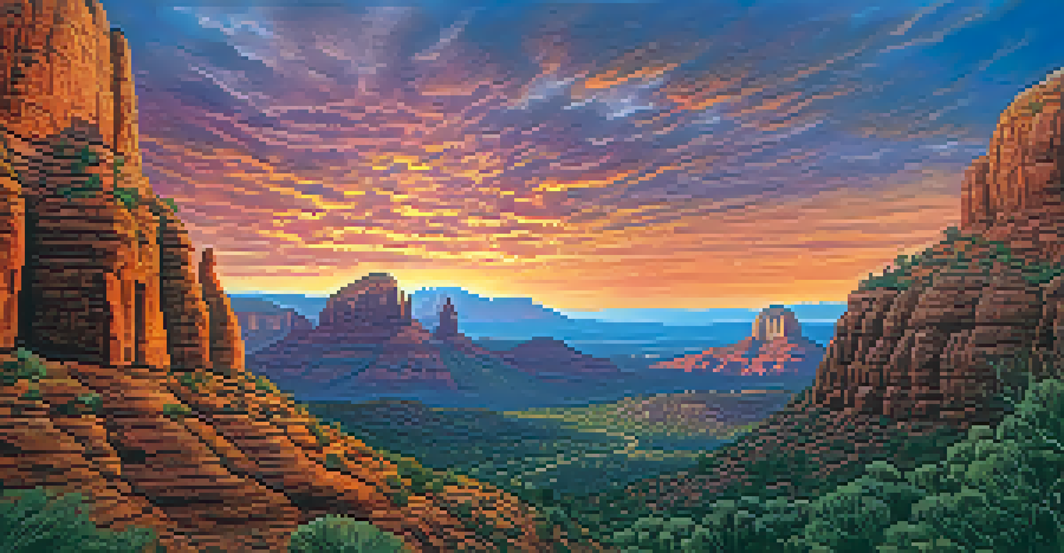 An aerial view of Sedona's energy vortexes during sunset, highlighting swirling patterns in warm colors.