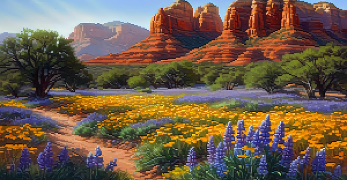 A colorful field of wildflowers in Sedona, with Desert Marigolds and Lupines in bloom, set against red rock formations under warm sunlight.