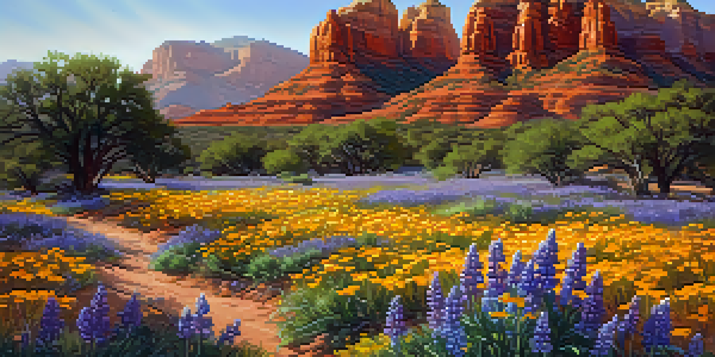 A colorful field of wildflowers in Sedona, with Desert Marigolds and Lupines in bloom, set against red rock formations under warm sunlight.