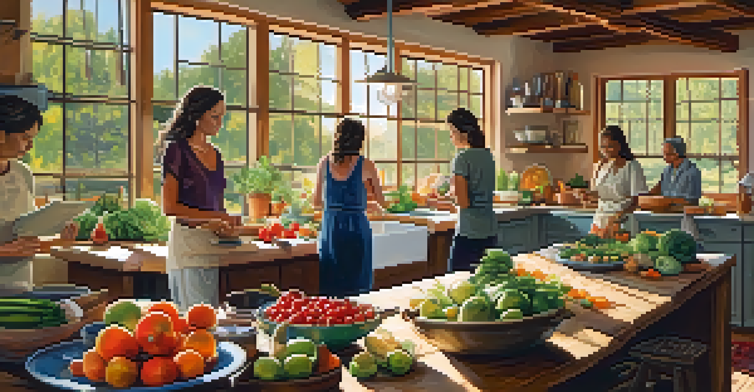 A cozy kitchen scene with a diverse group of participants cooking with fresh organic ingredients during a nutritional workshop in Sedona, illuminated by sunlight.