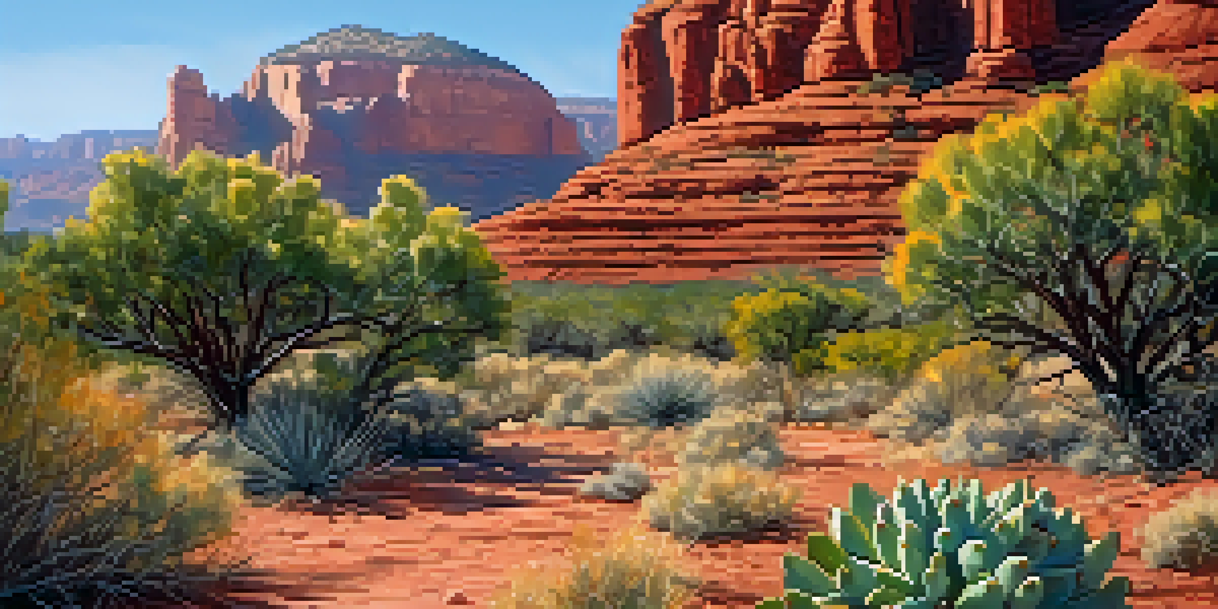 A colorful native landscape in Sedona with various plants and red rock formations under a blue sky.