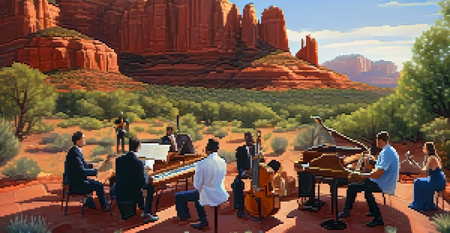 A cozy jazz performance at sunset in Sedona with a band playing in front of red rocks and attendees enjoying a picnic.
