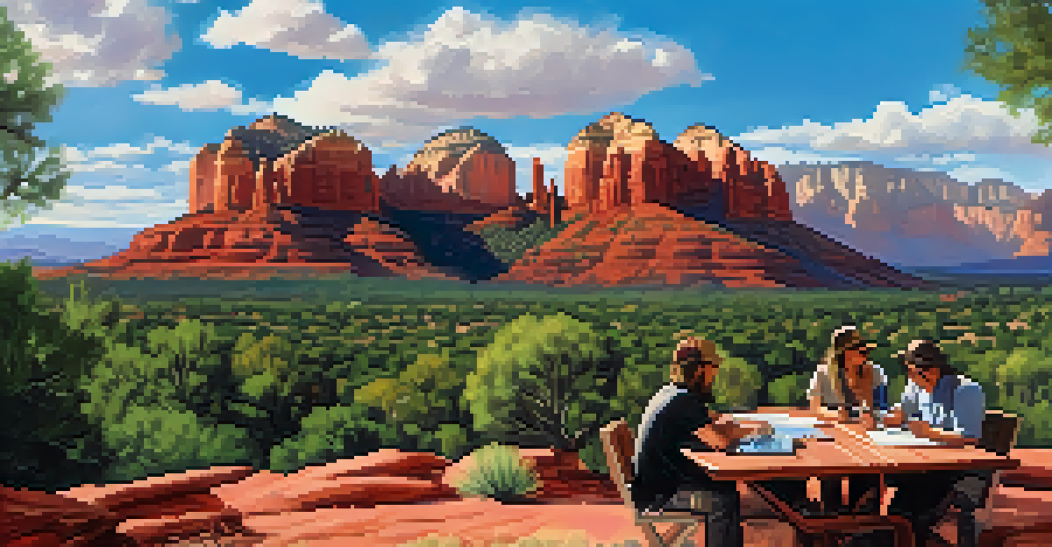 Local filmmakers brainstorming ideas outdoors in Sedona, surrounded by red rock formations and lush greenery under a bright blue sky.
