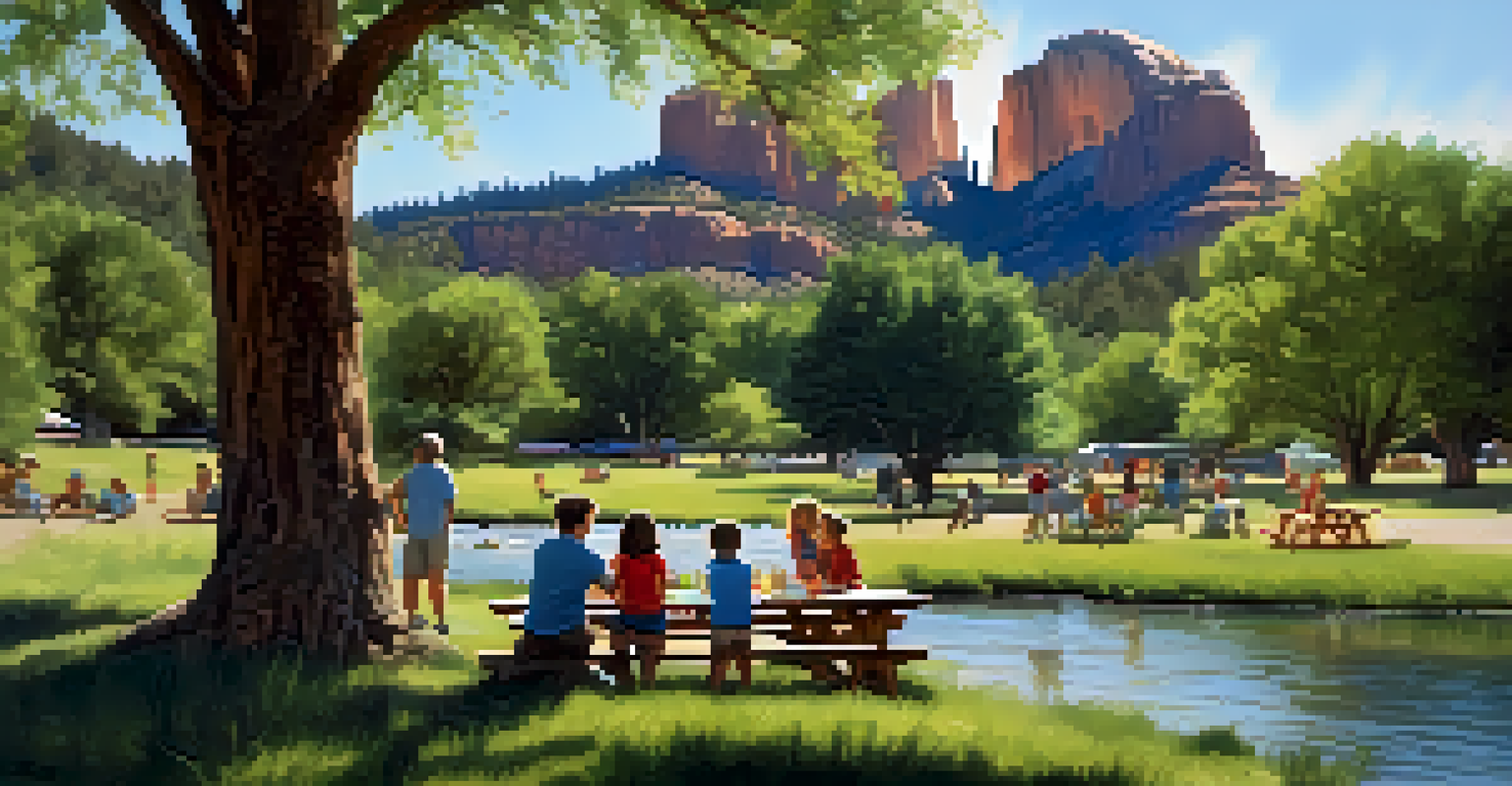 A family having a picnic at Crescent Moon Picnic Site with Cathedral Rock in the background and children playing in the creek.