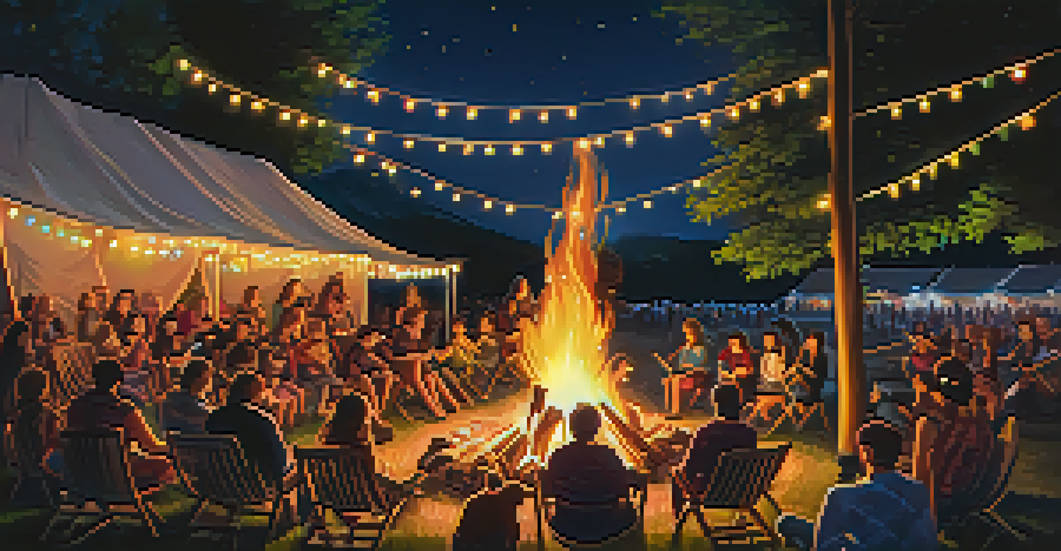 A nighttime music festival scene with a bonfire, festival-goers enjoying stargazing, and warm lights creating a magical atmosphere.