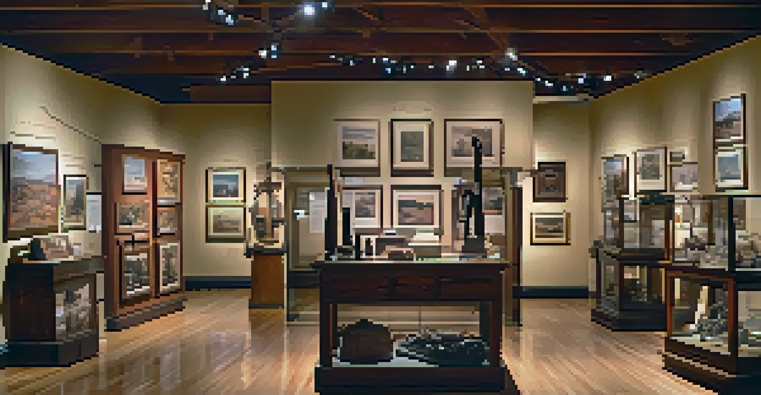 An interior view of a museum exhibit displaying historical artifacts and visitors examining them.