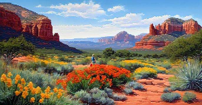 A colorful spring landscape in Sedona, with blooming wildflowers and red rock formations under a clear blue sky, featuring hikers on trails.