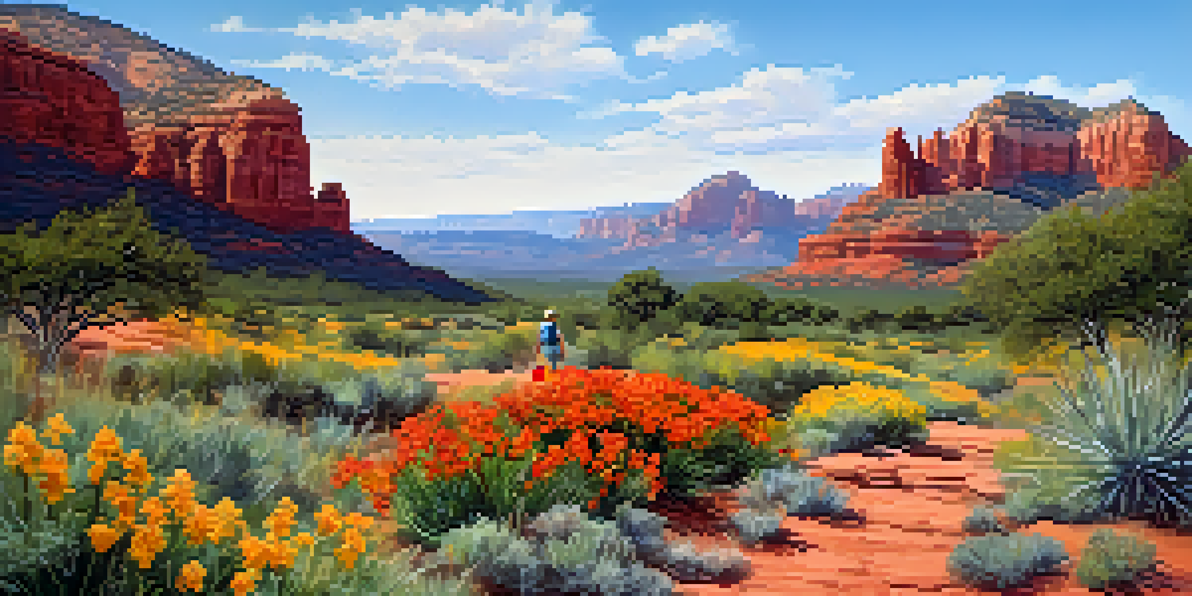 A colorful spring landscape in Sedona, with blooming wildflowers and red rock formations under a clear blue sky, featuring hikers on trails.