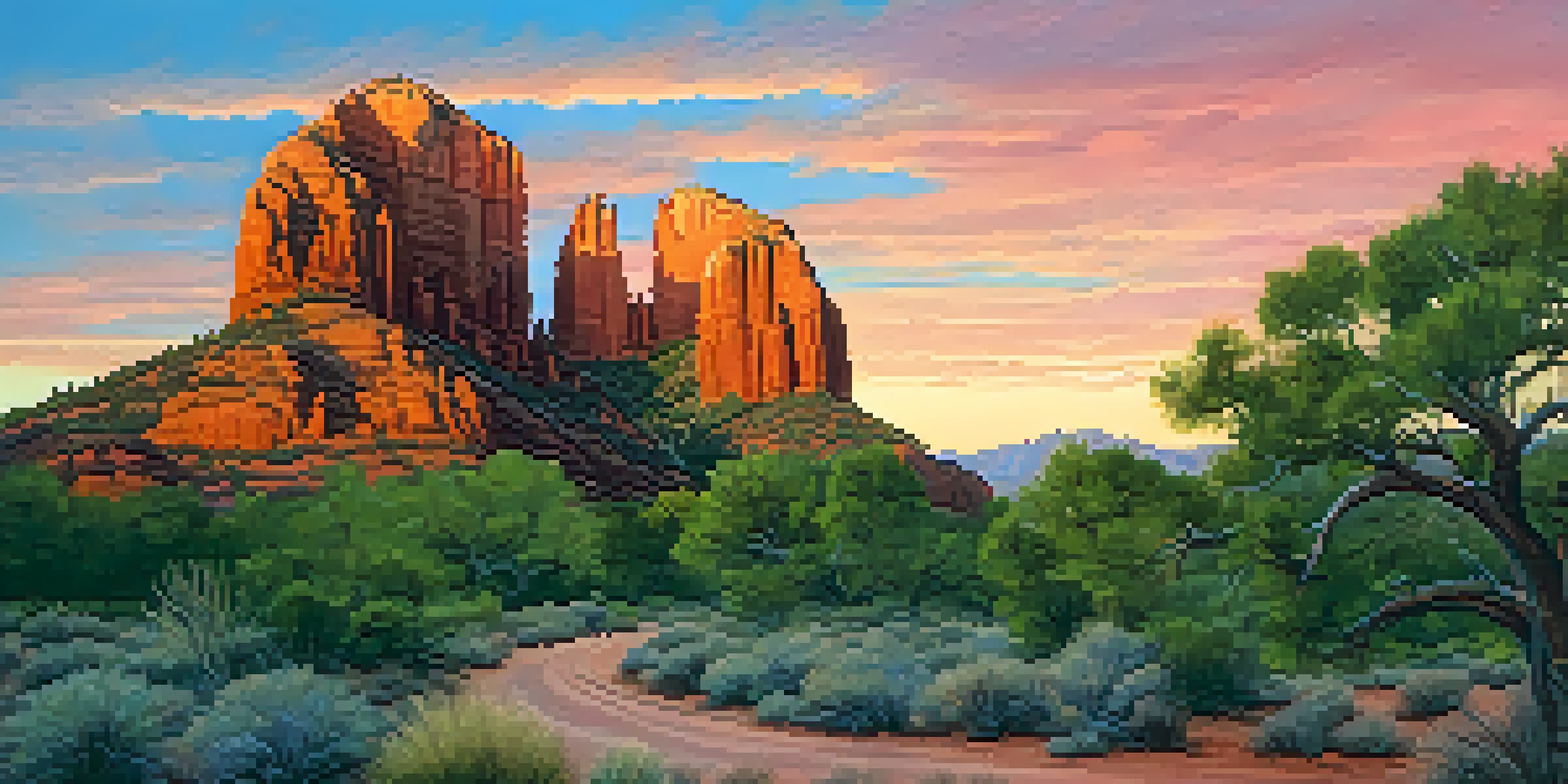 A stunning sunset view of Cathedral Rock, vibrant colors in the sky and a hiking trail in the foreground.