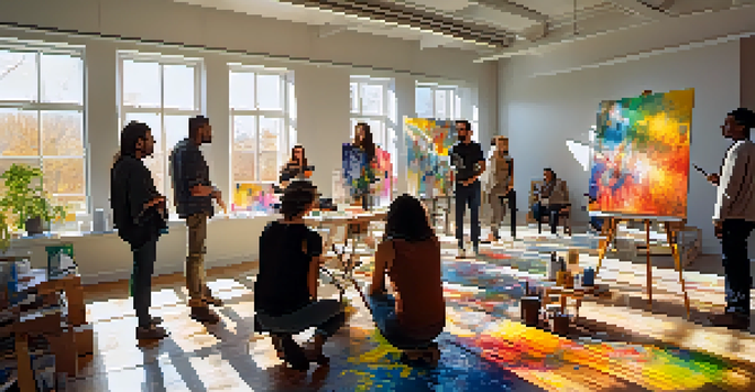 Artists of different backgrounds collaborating in a bright studio filled with colorful artworks and art supplies.