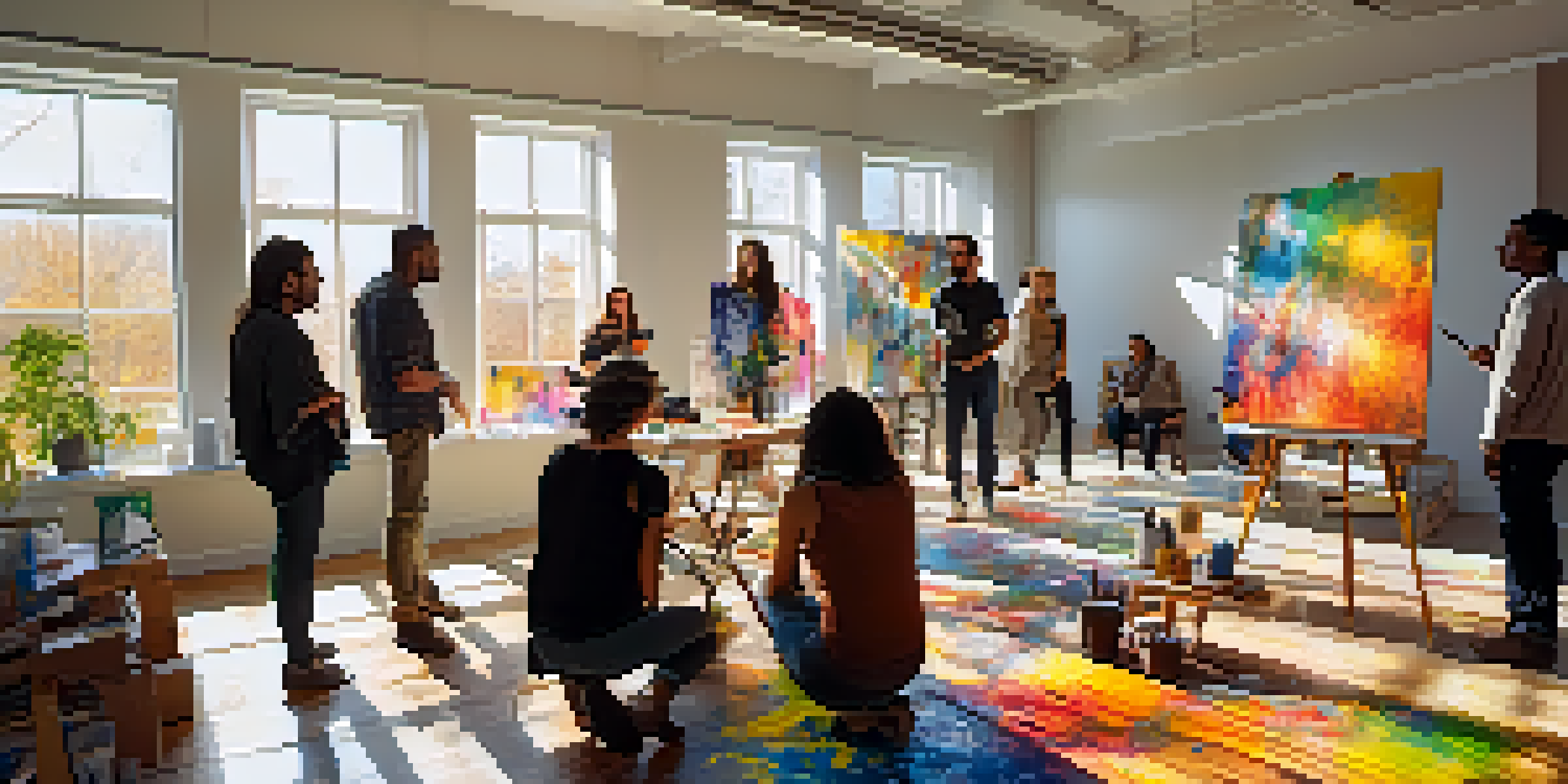 Artists of different backgrounds collaborating in a bright studio filled with colorful artworks and art supplies.