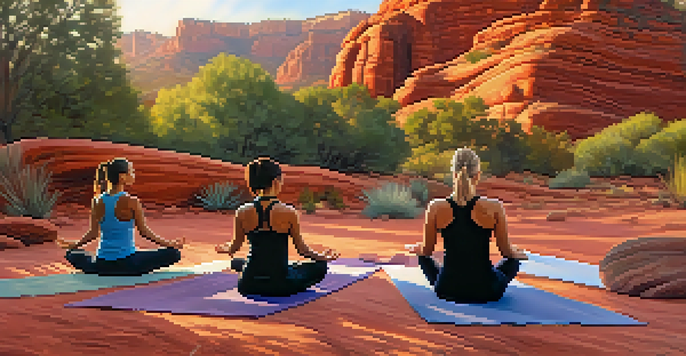 A group of people practicing yoga outdoors in a tranquil setting with red rock formations and a sunset.