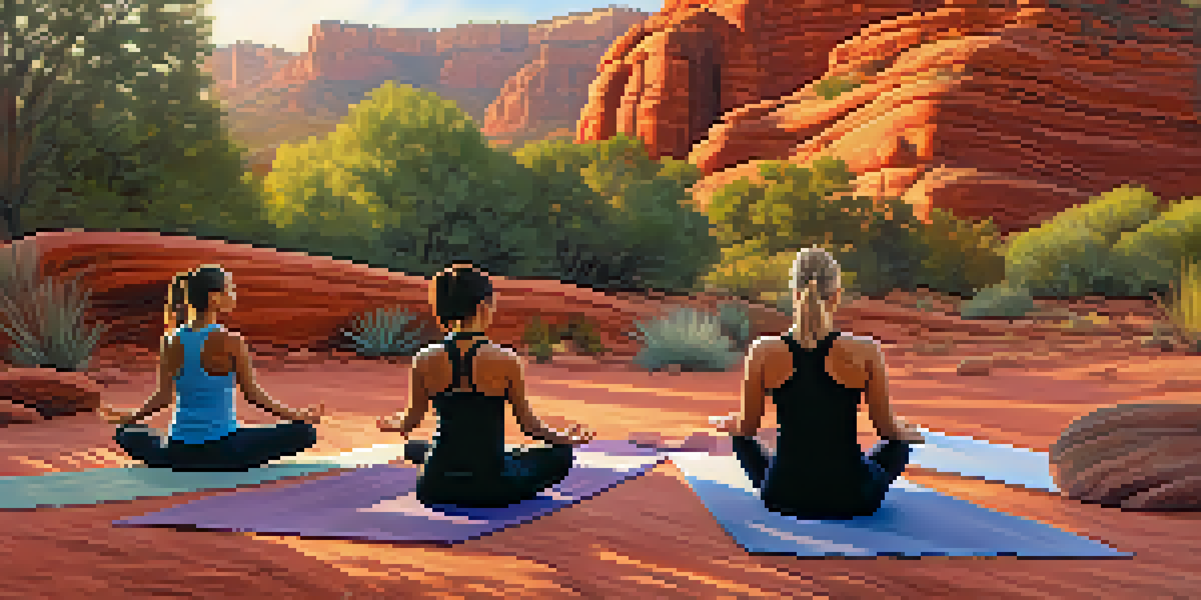 A group of people practicing yoga outdoors in a tranquil setting with red rock formations and a sunset.