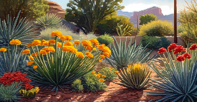 A colorful garden in Sedona with drought-resistant plants like desert marigolds and red yuccas, featuring a drip irrigation system.