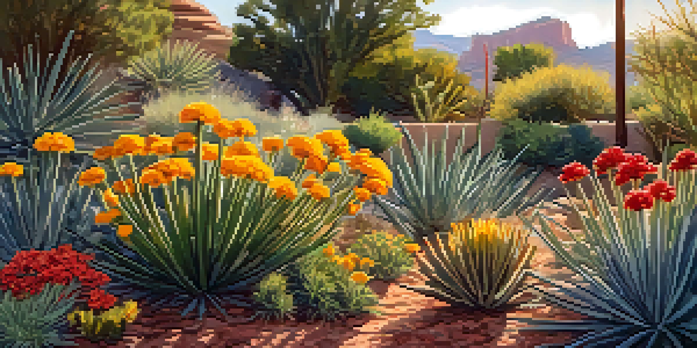 A colorful garden in Sedona with drought-resistant plants like desert marigolds and red yuccas, featuring a drip irrigation system.