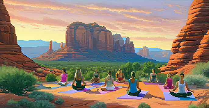 A group of diverse individuals practicing Hatha yoga outdoors in Sedona, with red rock formations and a colorful sunset in the background.