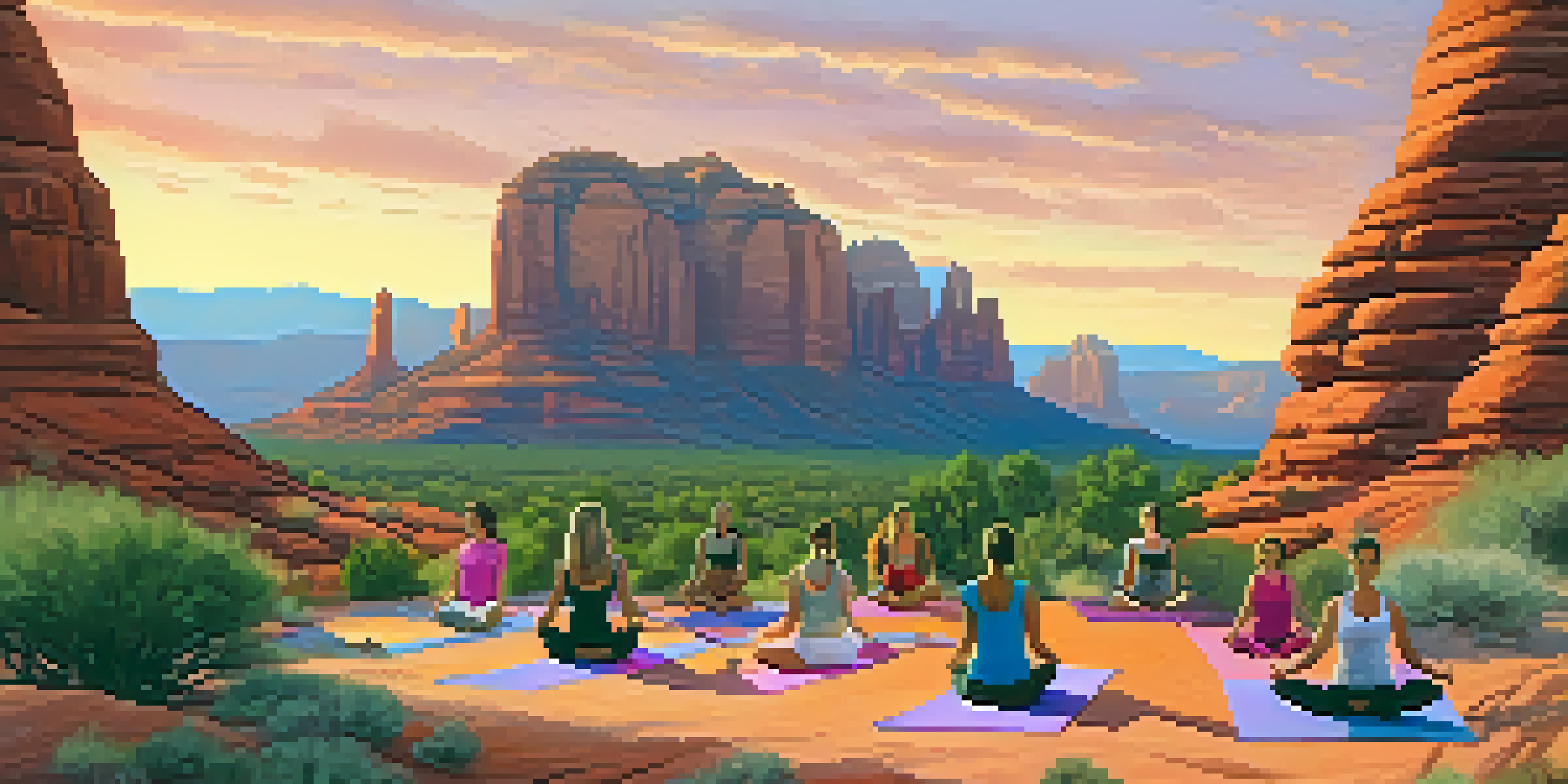 A group of diverse individuals practicing Hatha yoga outdoors in Sedona, with red rock formations and a colorful sunset in the background.