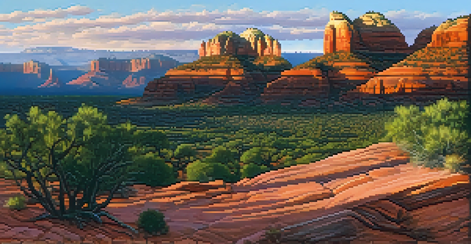 A beautiful landscape of Sedona at sunrise, featuring red rock formations and ancient Puebloan ruins.