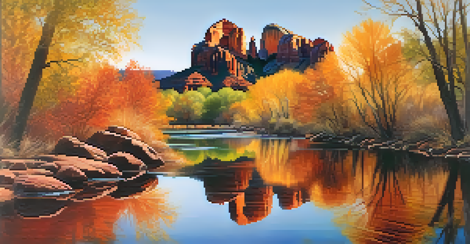 Reflection of Cathedral Rock in the waters of Oak Creek during autumn, surrounded by golden foliage.