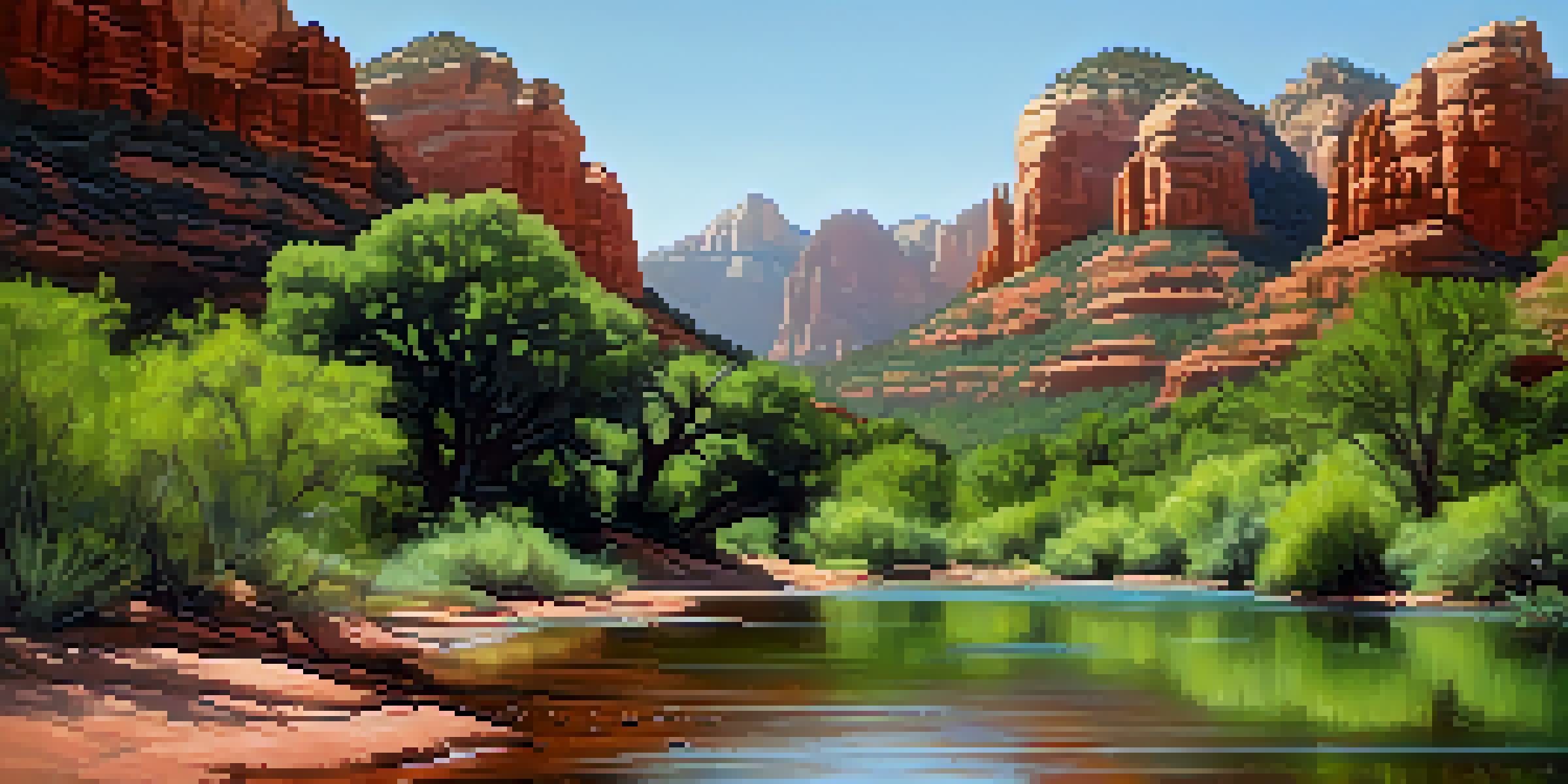 A peaceful view of Oak Creek in Sedona, featuring native plants, red rock formations, and sunlight filtering through trees.