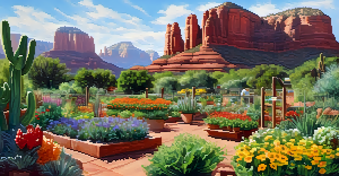 A lively community garden in Sedona with colorful flowers and vegetables, residents tending to the plants, and red rock formations in the background.