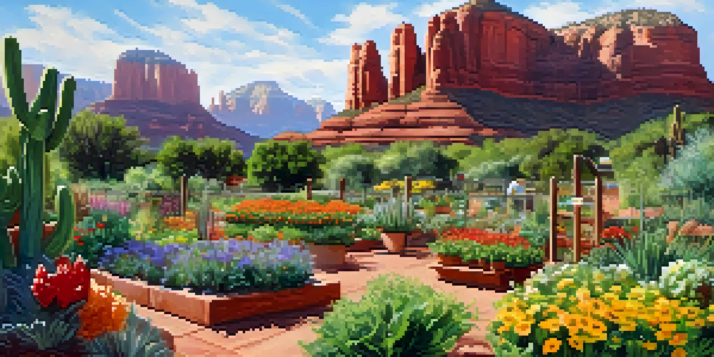 A lively community garden in Sedona with colorful flowers and vegetables, residents tending to the plants, and red rock formations in the background.