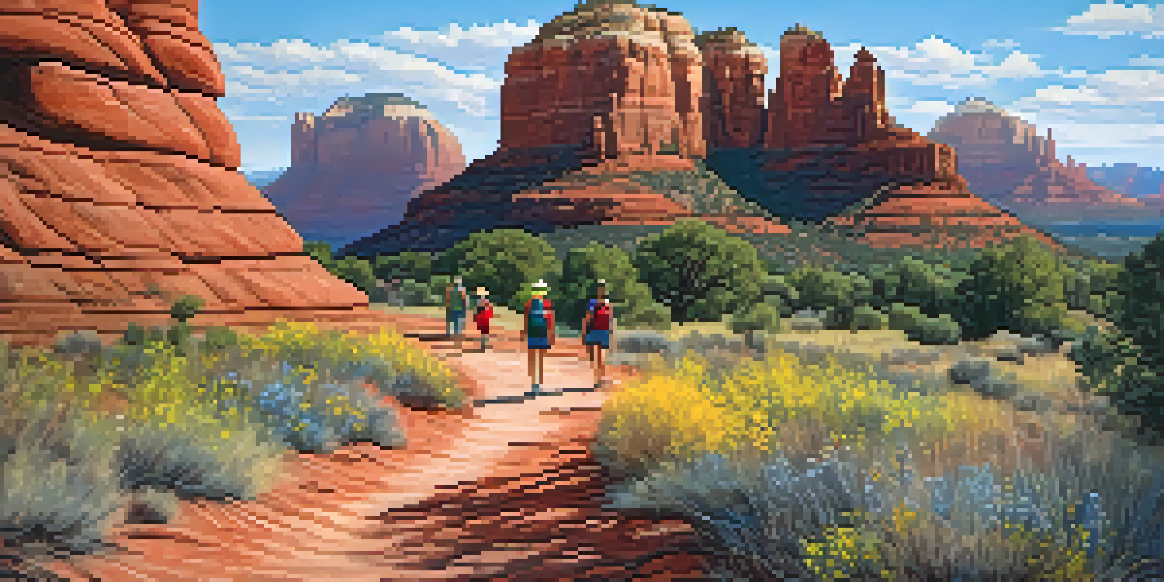A family of four hiking on a scenic trail surrounded by red rock formations in Sedona, with wildflowers in bloom.