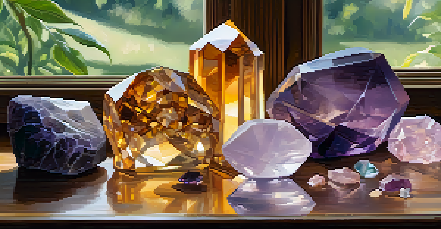 A collection of colorful crystals arranged on a wooden table with soft natural light and green plants in the background.