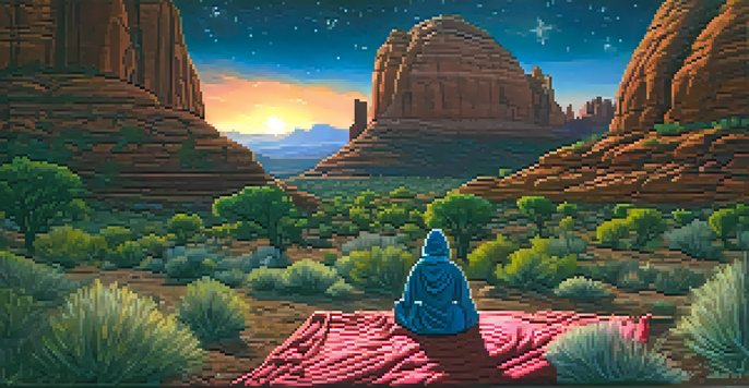 A beautiful night scene in Sedona, Arizona, with red rock formations and a starry sky, featuring a telescope and a person enjoying the view on a cozy blanket.