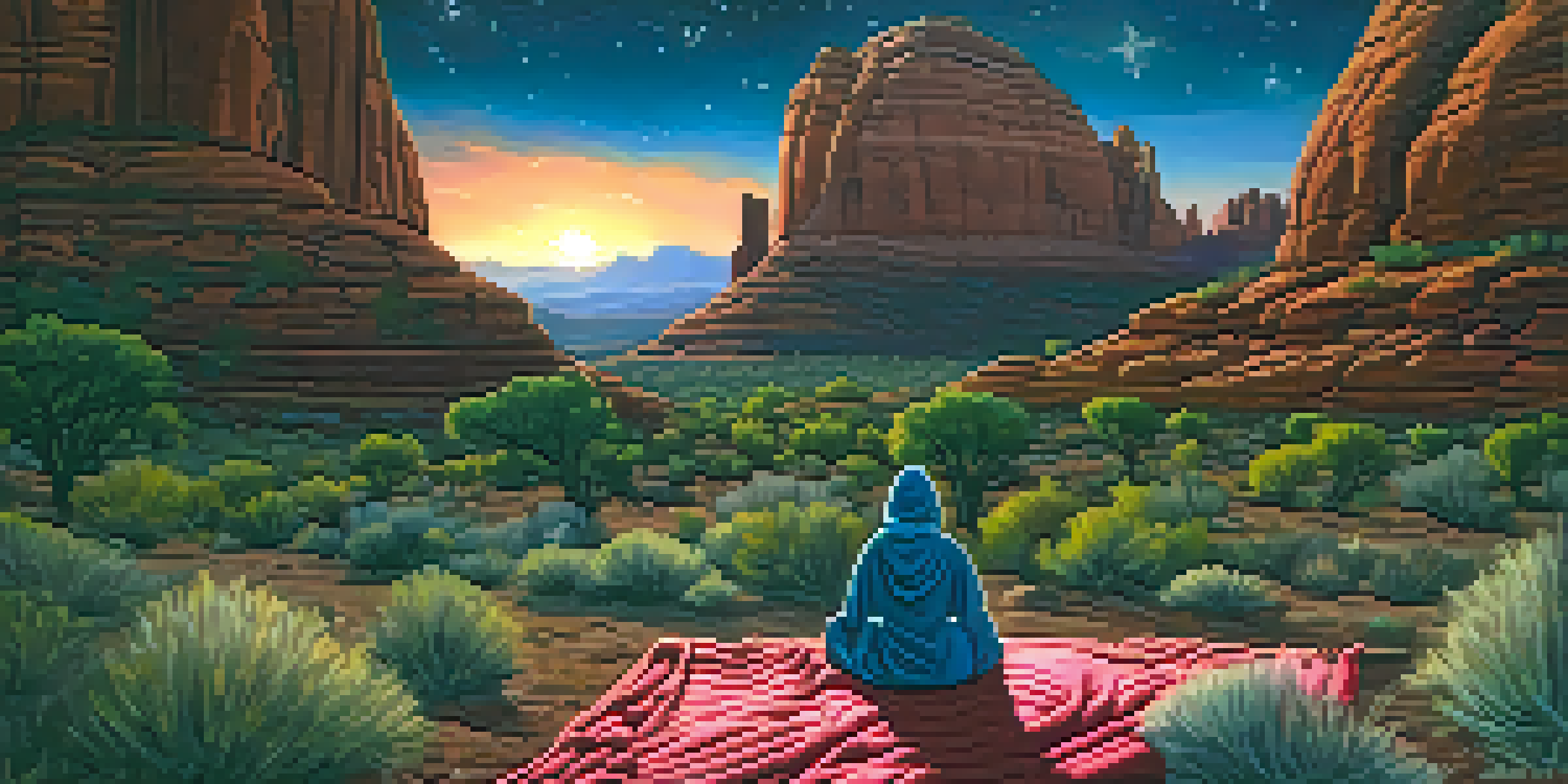 A beautiful night scene in Sedona, Arizona, with red rock formations and a starry sky, featuring a telescope and a person enjoying the view on a cozy blanket.