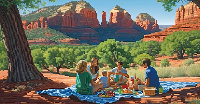 A family enjoying a picnic on a blanket with a red rock formation in the background and a blue sky above.