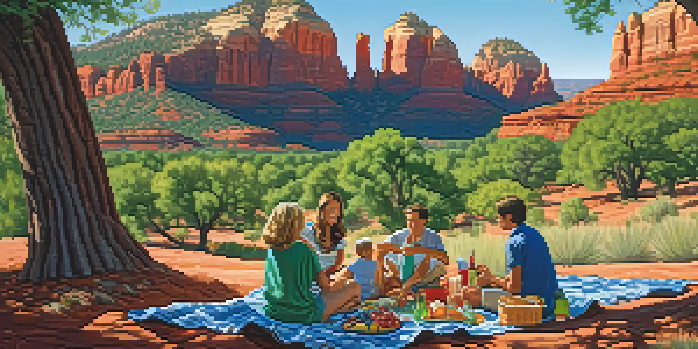 A family enjoying a picnic on a blanket with a red rock formation in the background and a blue sky above.