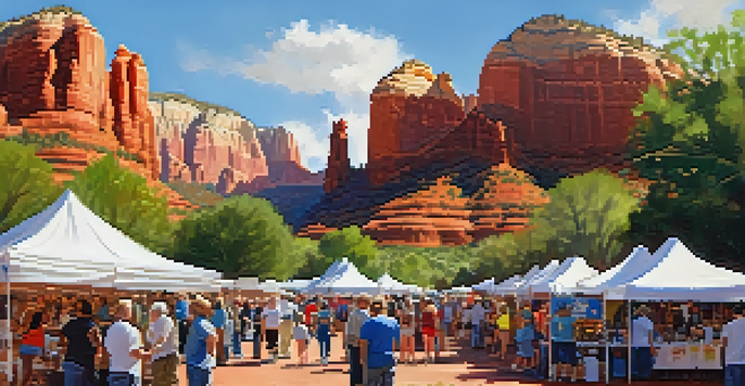 A lively community volunteer fair in Sedona with colorful booths and diverse attendees engaging in conversations under the sun.