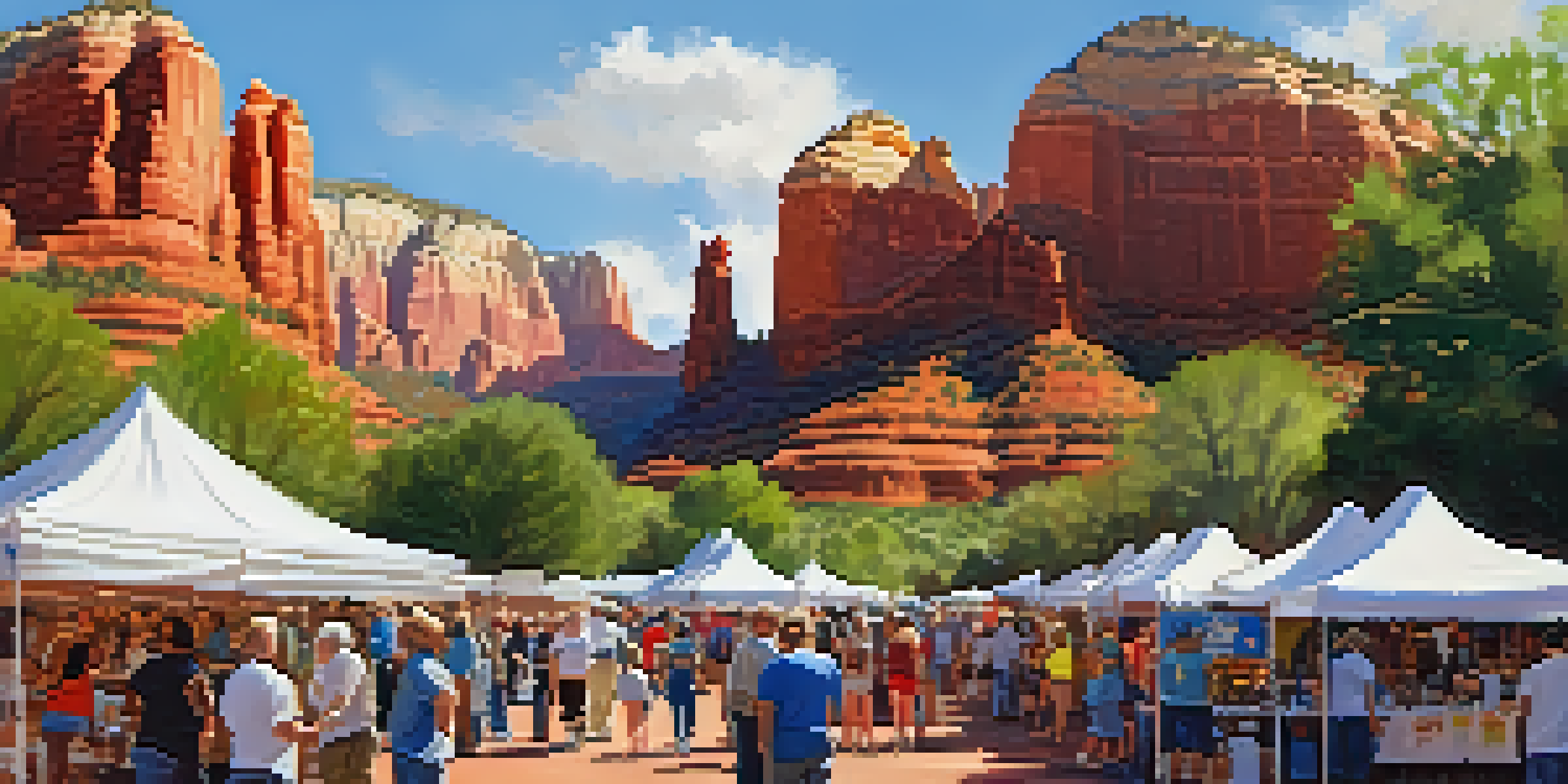 A lively community volunteer fair in Sedona with colorful booths and diverse attendees engaging in conversations under the sun.