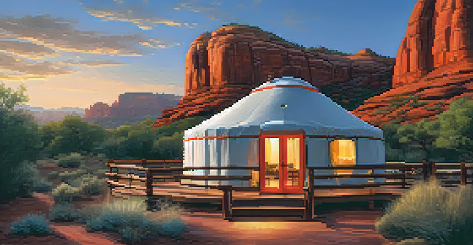 A serene yurt in Sedona's red rock landscape during sunset, with large windows and a wooden deck.
