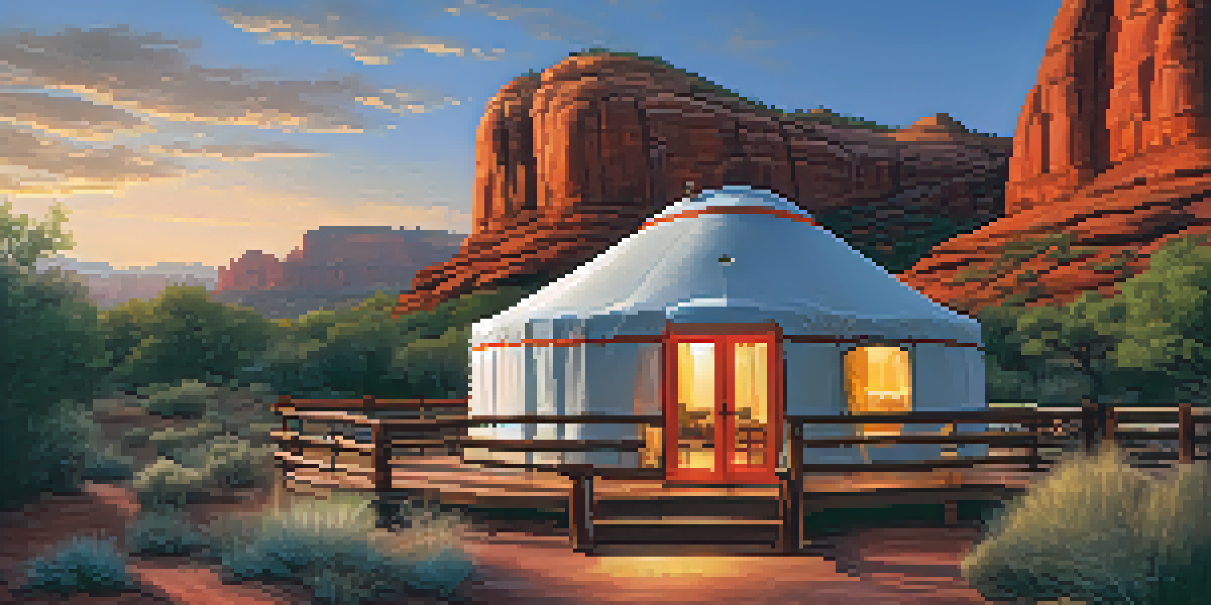 A serene yurt in Sedona's red rock landscape during sunset, with large windows and a wooden deck.