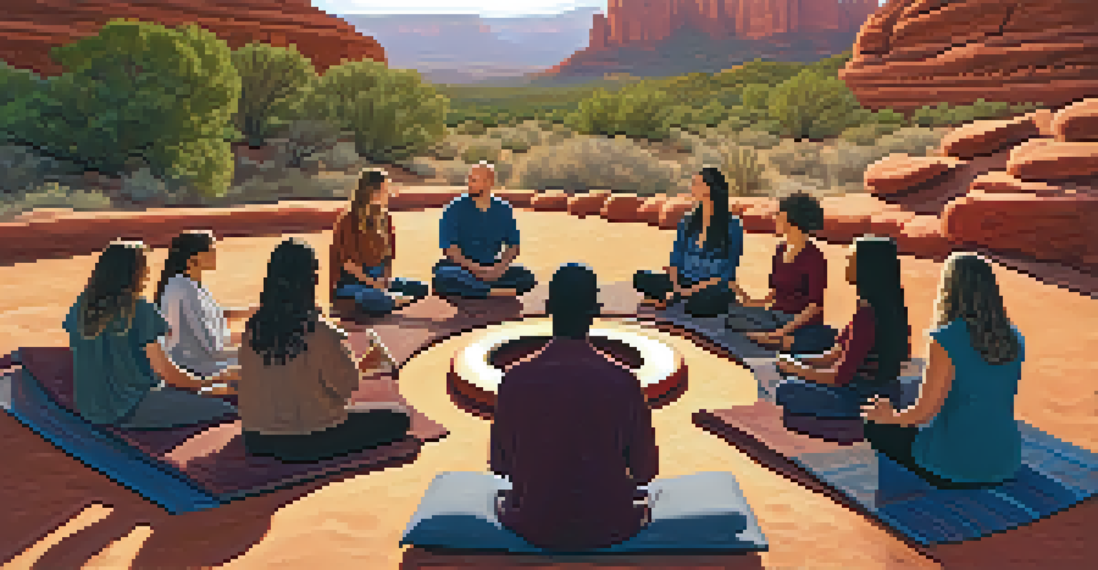 Participants in an outdoor sound healing session in Sedona, surrounded by musical instruments and beautiful red rocks.