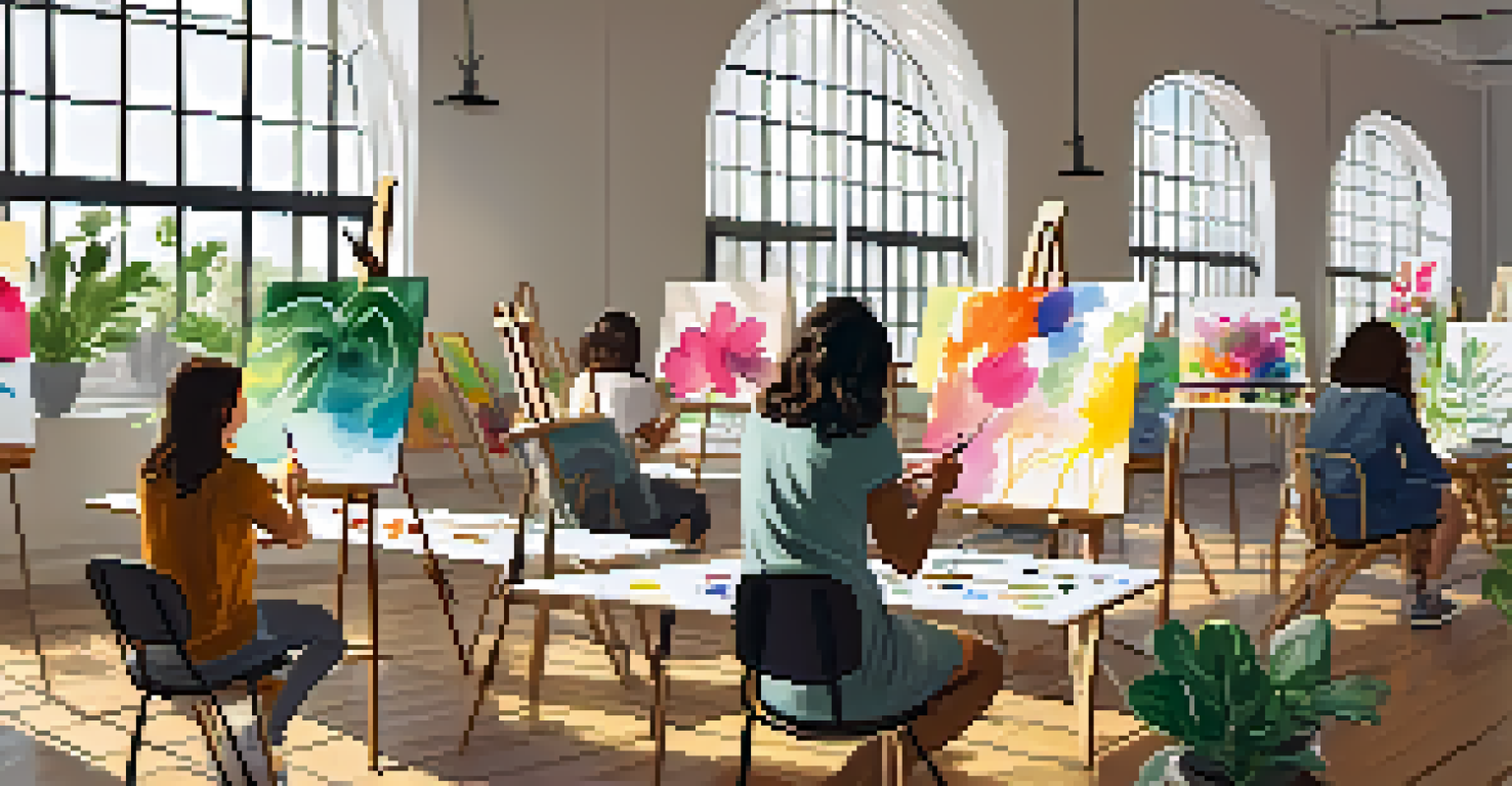 Participants of various ages engaged in an art therapy workshop, painting in a bright, sunlit room filled with greenery.