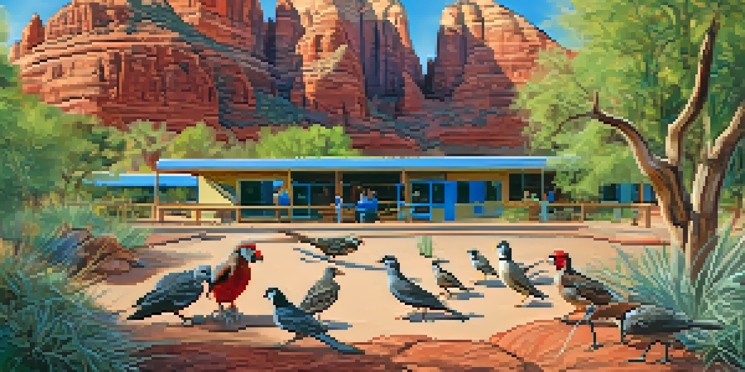 A peaceful wildlife rehabilitation center in Sedona with volunteers caring for injured birds, surrounded by red rock formations and greenery under a bright sky.