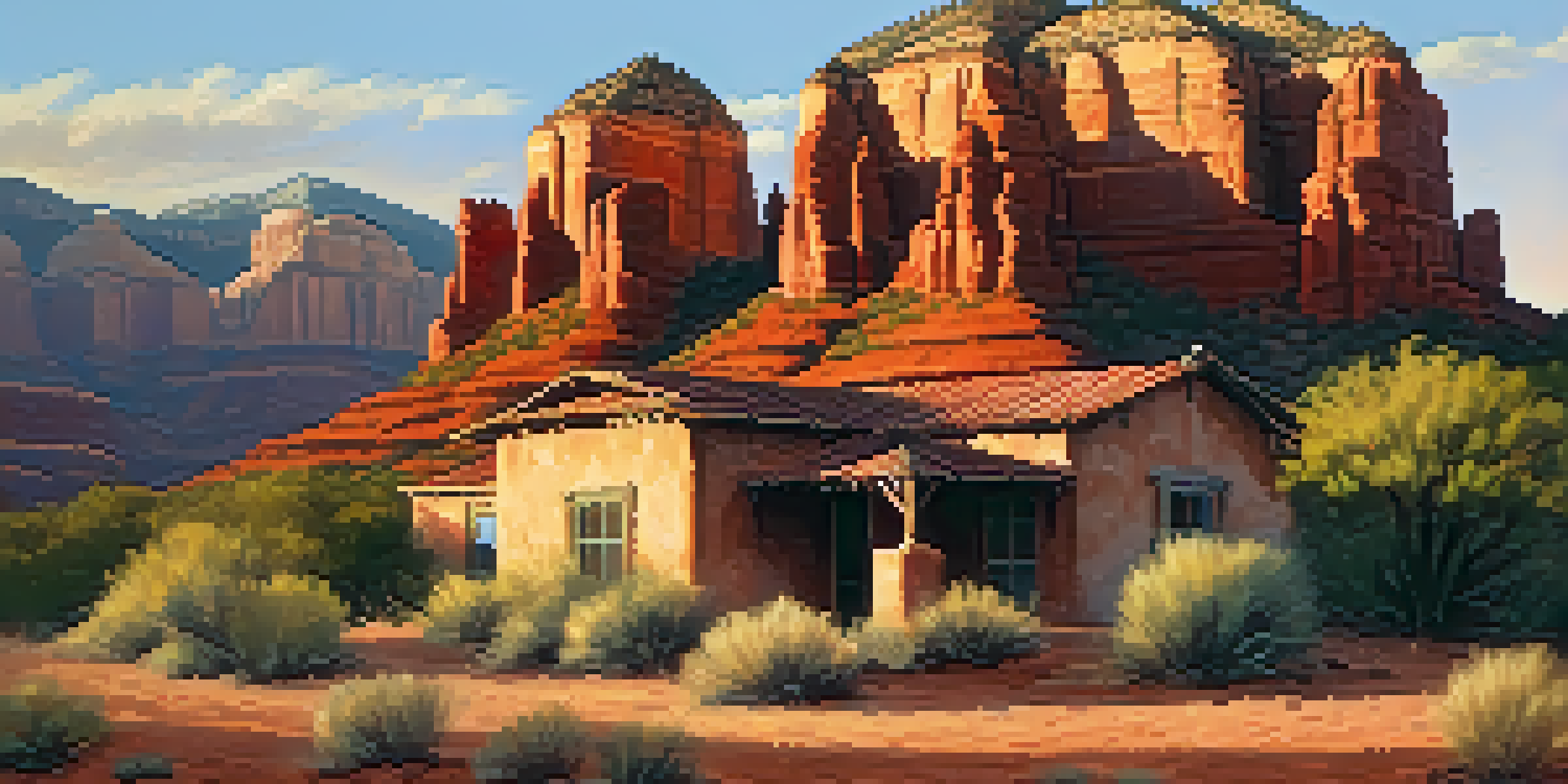 A weathered adobe building surrounded by red rock formations in Sedona at sunset, with warm golden light.