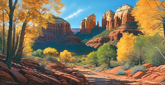 A picturesque view of Sedona with colorful fall foliage and red rock formations illuminated by the setting sun.