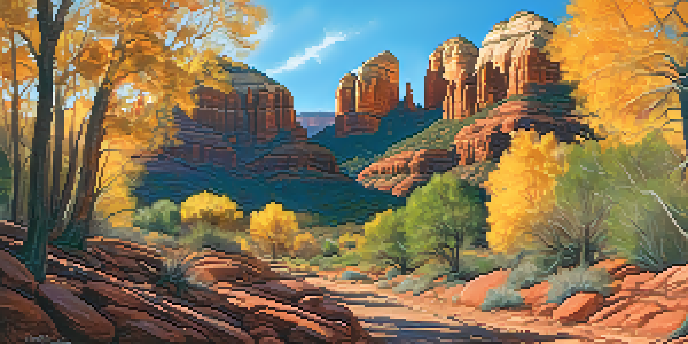 A picturesque view of Sedona with colorful fall foliage and red rock formations illuminated by the setting sun.