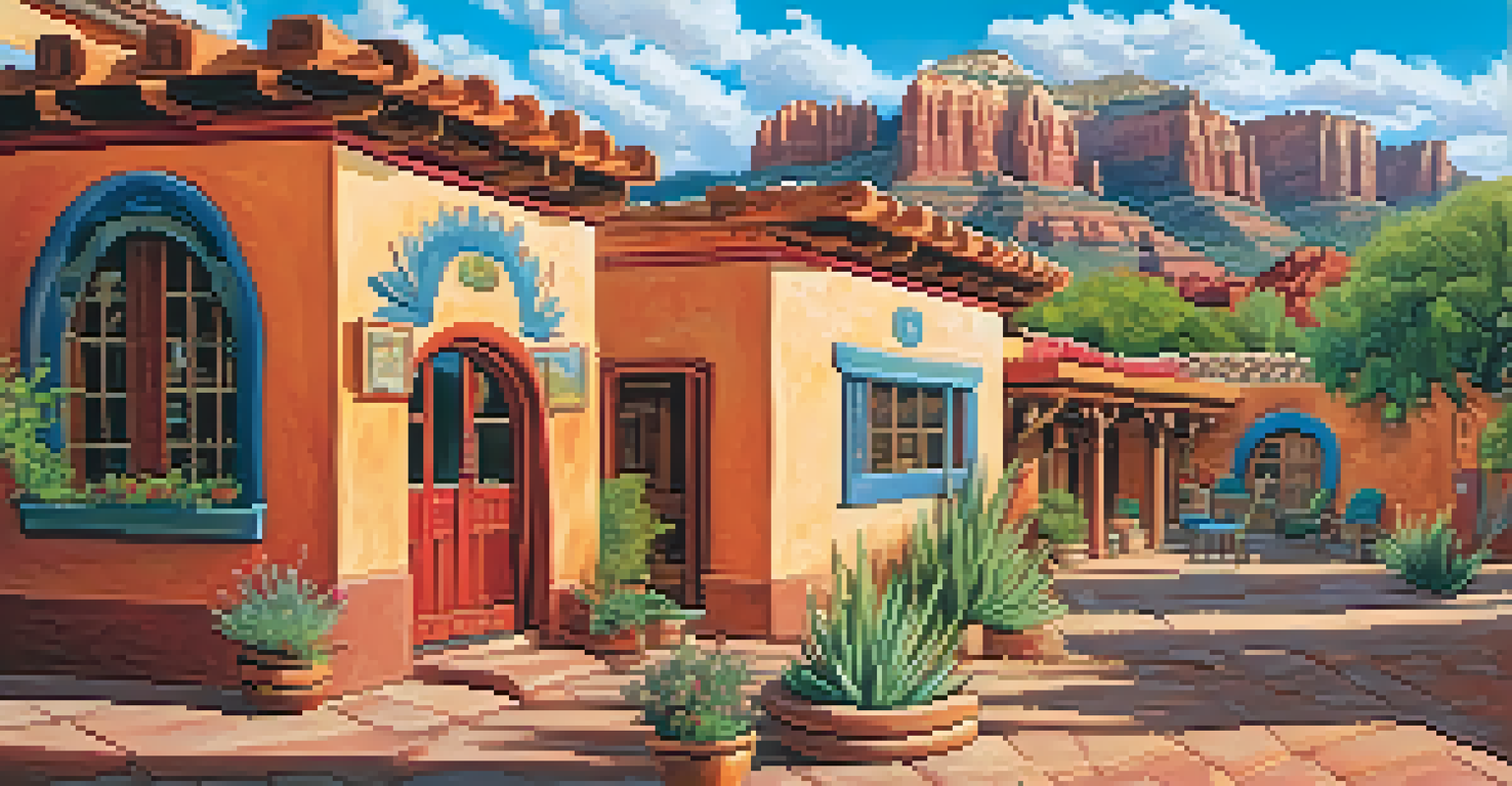 A lively arts and crafts village in Sedona, displaying colorful murals and traditional Mexican architecture.
